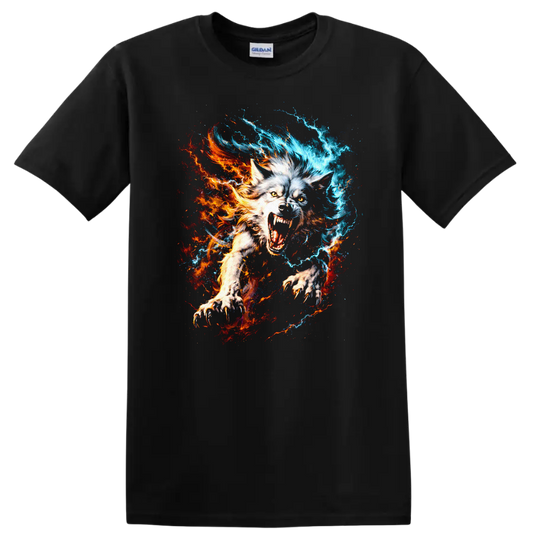 Fiery Ice Wolf Howling Animal Art T Shirt for Nature and Fantasy Fans - Black