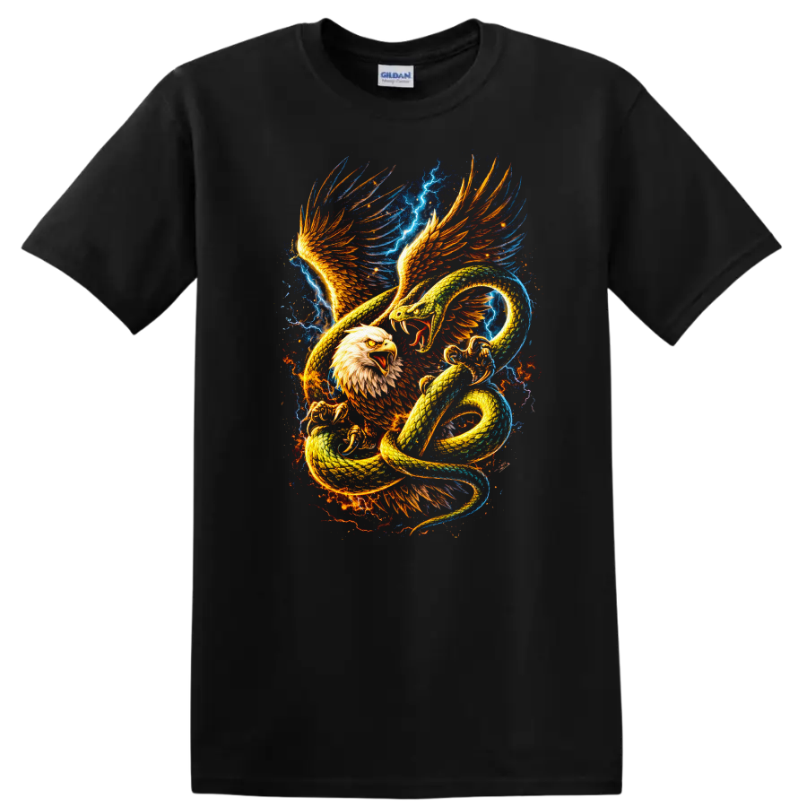 Fire and Ice Eagle Snake Battle Graphic T Shirt for Animal Art Fans - Black