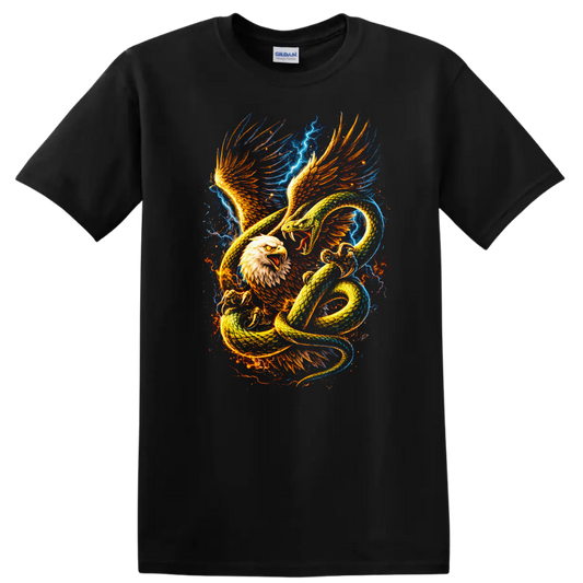 Fire and Ice Eagle Snake Battle Graphic T Shirt for Animal Art Fans - Black