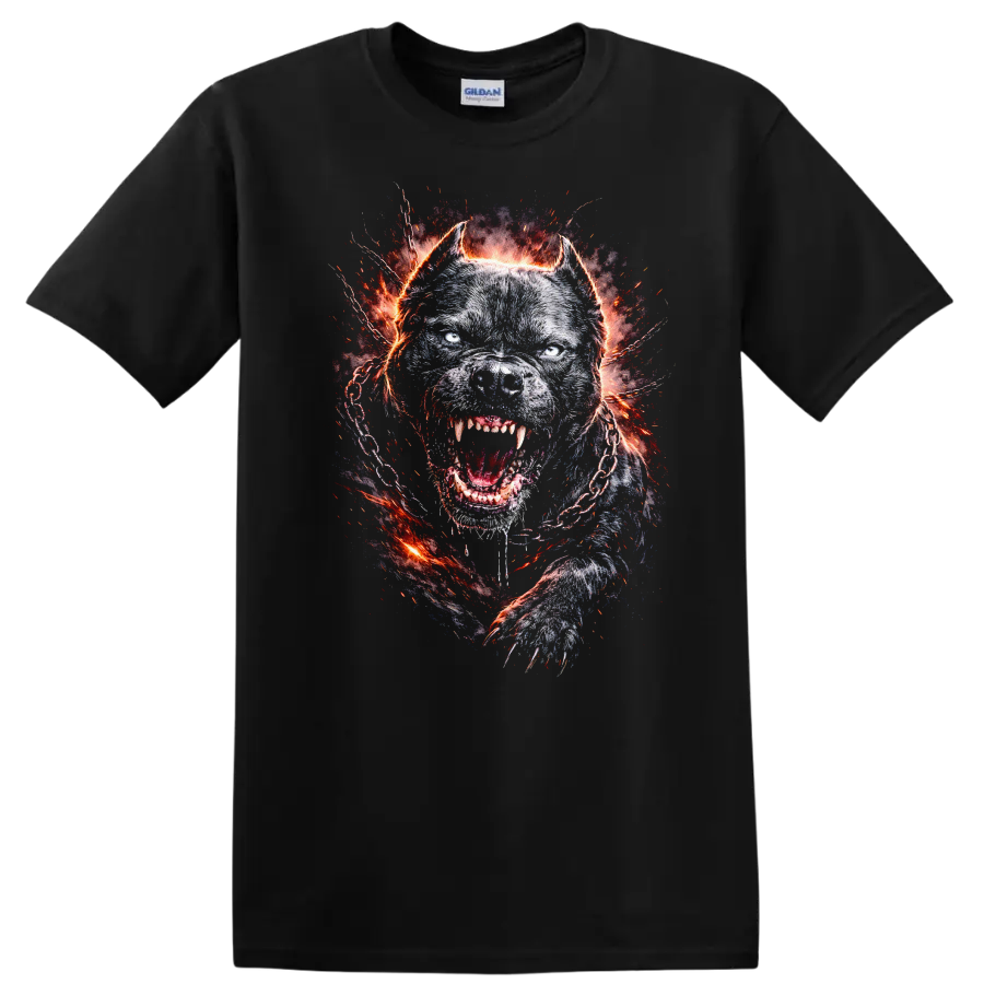 Fierce Pitbull Dog Head Fiery Chain T Shirt for Animal Lovers - Black