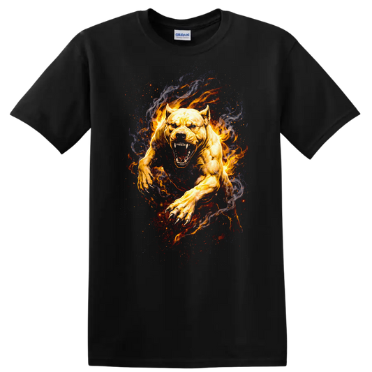 Fiery Pitbull Attack Art T Shirt Aggressive Animal Graphic - Black