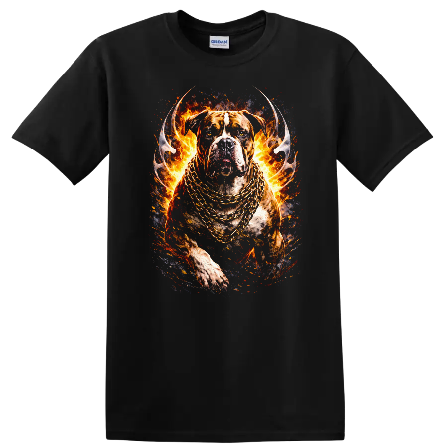 Fiery Pit Bull Dog with Gold Chains Animal T Shirt - Black