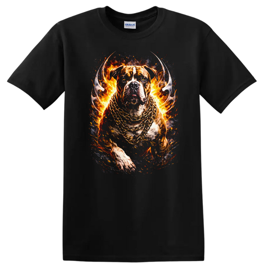 Fiery Pit Bull Dog with Gold Chains Animal T Shirt - Black