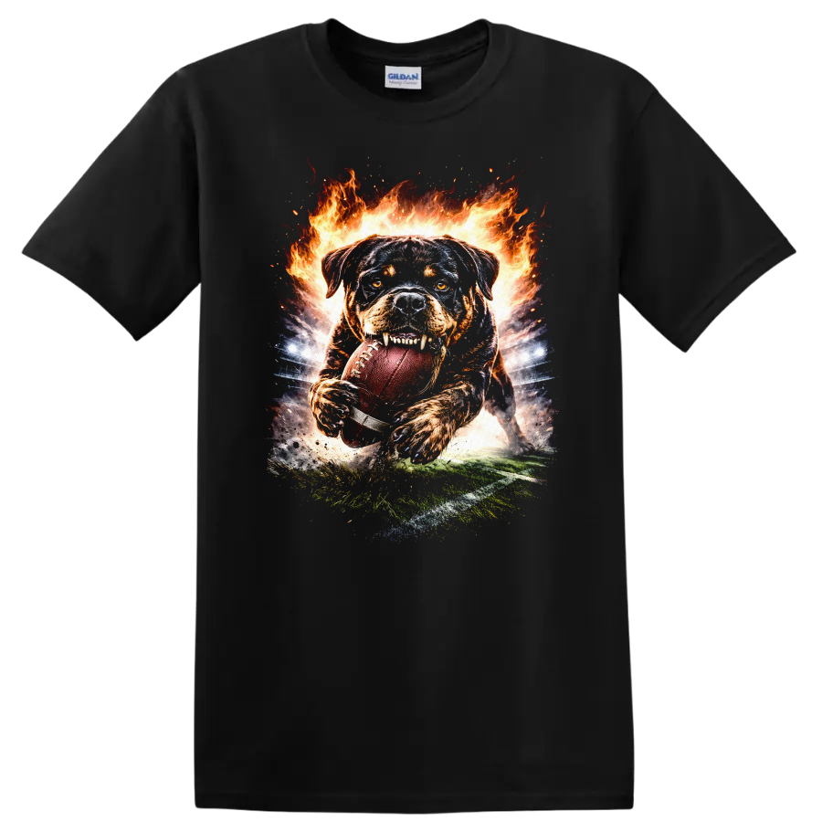 Flaming Football Dog Catching Ball Action Sports T Shirt - Black