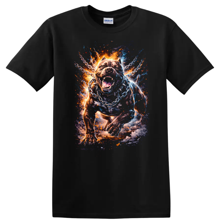 Fierce Pitbull Chains Fire Burst Graphic T Shirt for Dog Lovers - Black