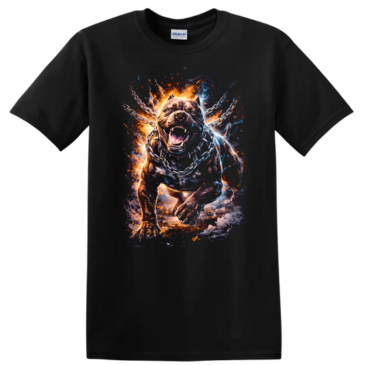 Fierce Pitbull Chains Fire Burst Graphic T Shirt for Dog Lovers - Black