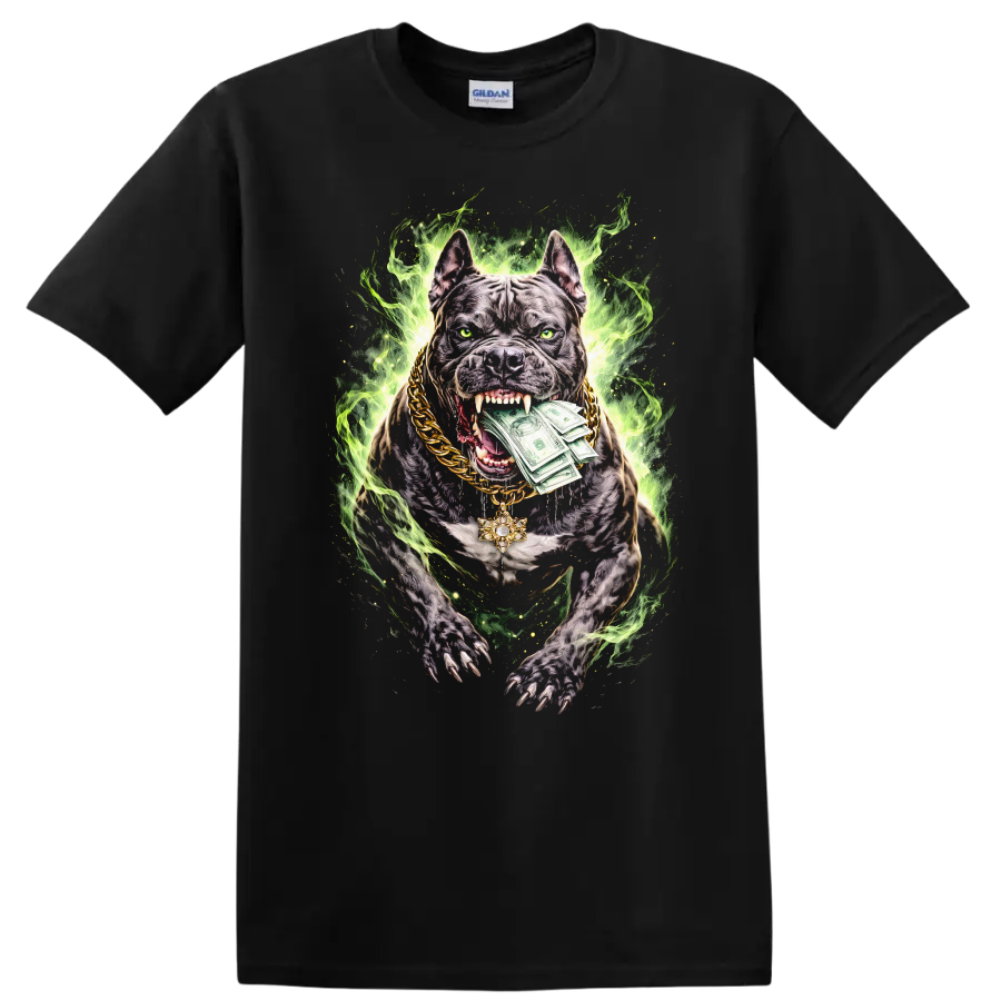 Neon Pitbull Money Dog Graphic T Shirt Fierce Streetwear Style - Black