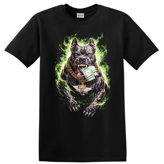 Neon Pitbull Money Dog Graphic T Shirt Fierce Streetwear Style - Black