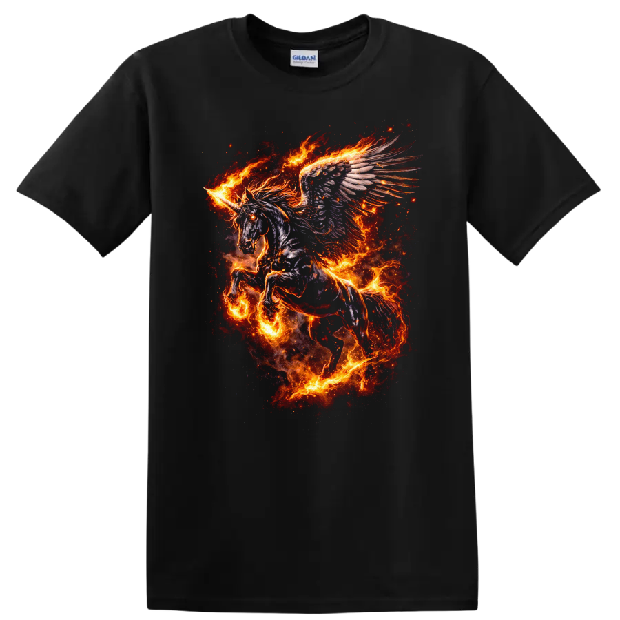 Fiery Winged Unicorn T Shirt Fantasy Animal Flame Art Graphic - Black