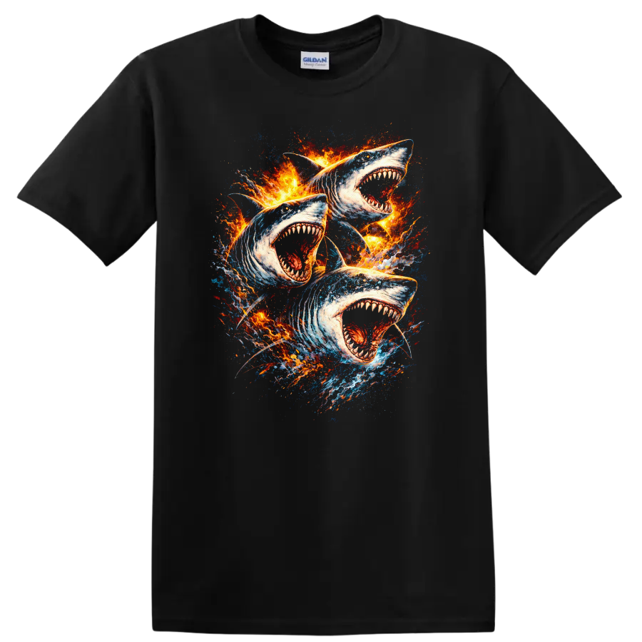 Fire Shark Trio Graphic T Shirt Bold Ocean Predator Design - Black
