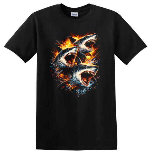 Fire Shark Trio Graphic T Shirt Bold Ocean Predator Design - Black