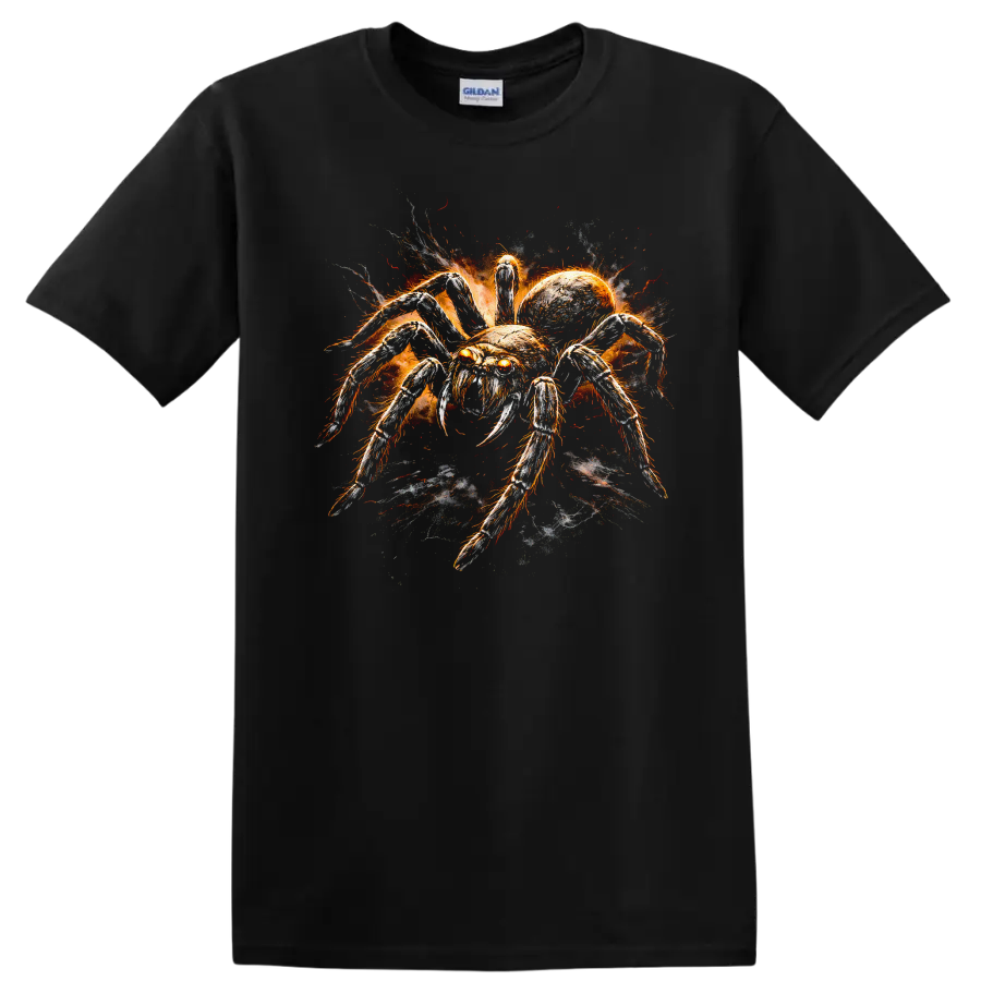 Fiery Spider Animal Art T Shirt Spooky Insect Graphic for Nature Fans - Black