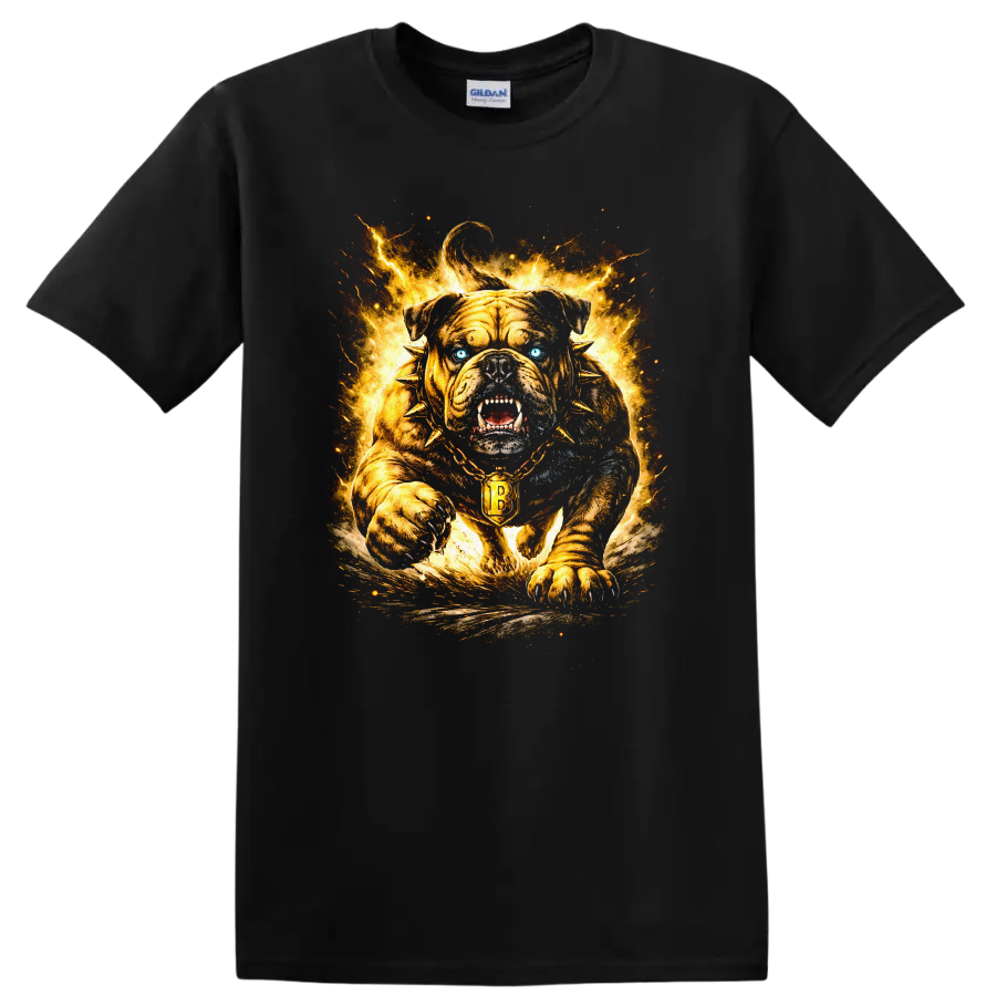 Fierce Bulldog Fireburst T Shirt Golden Gothic Collar Animal Graphic - Black