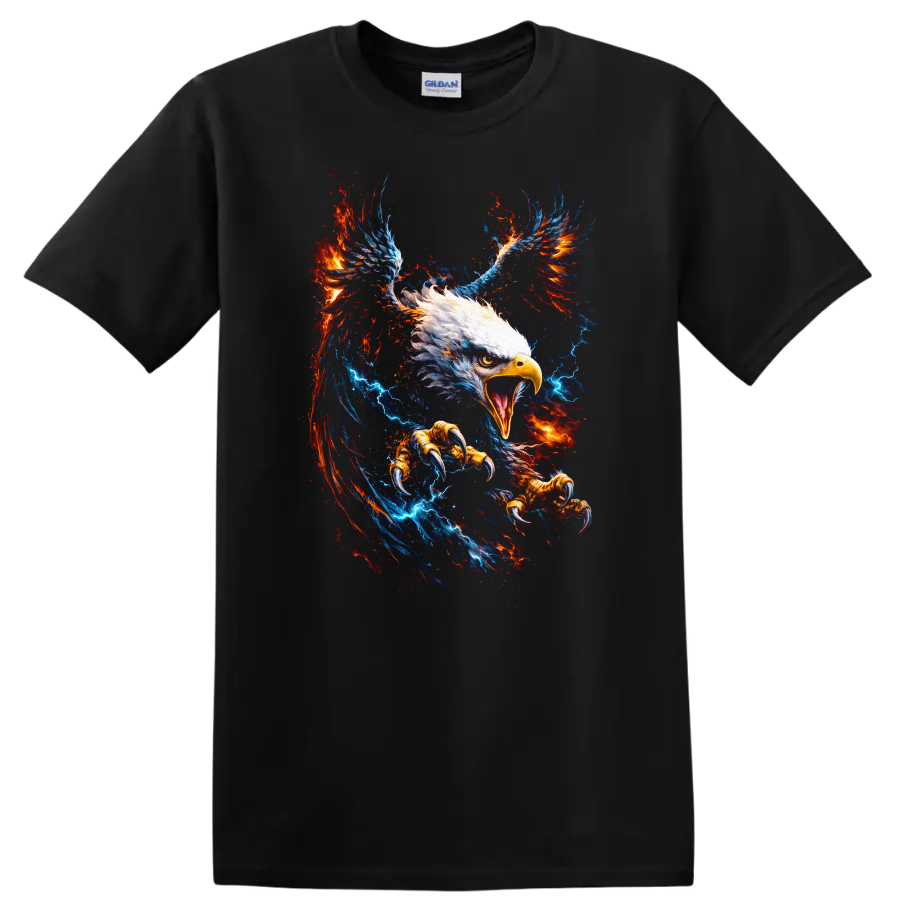 Fiery Eagle Wings Graphic T Shirt Bold Patriotic Animal Art - Black