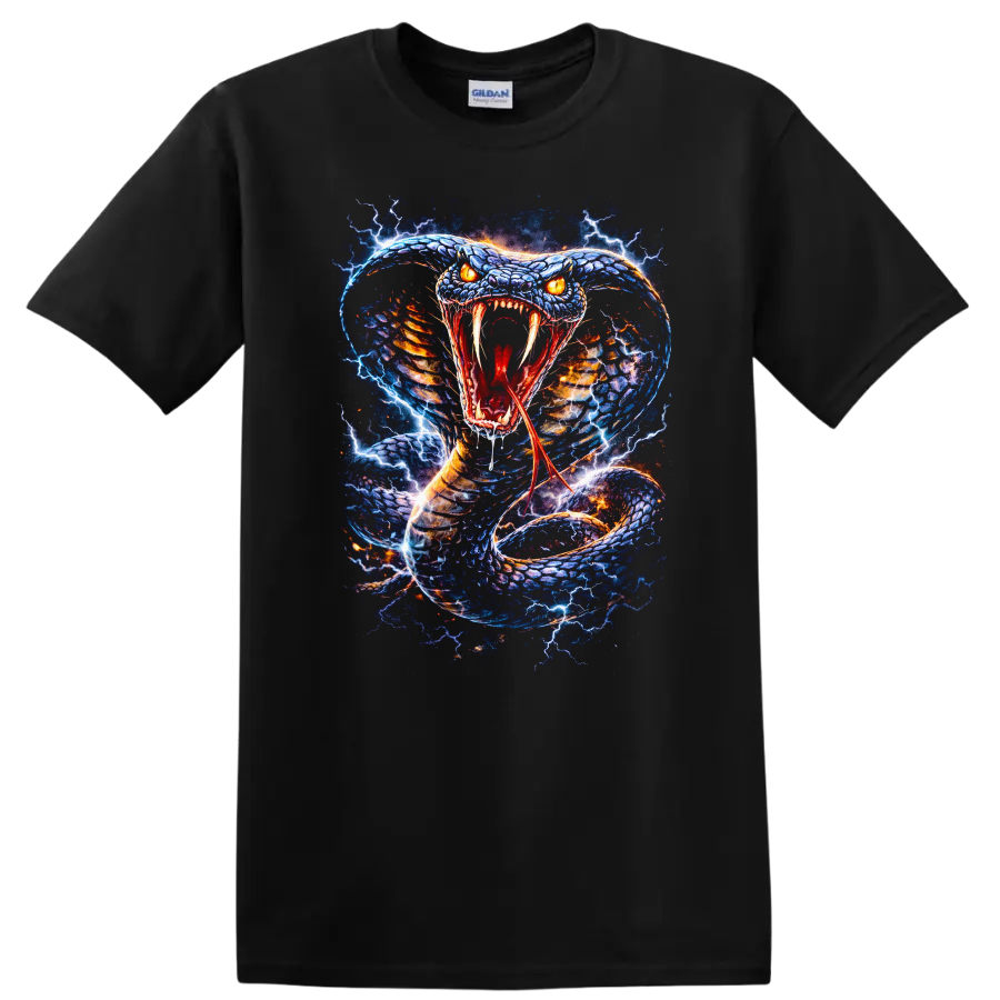 Electric Blue Snake Attack Graphic T Shirt for Reptile Lovers - Black