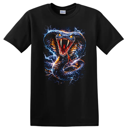 Electric Blue Snake Attack Graphic T Shirt for Reptile Lovers - Black