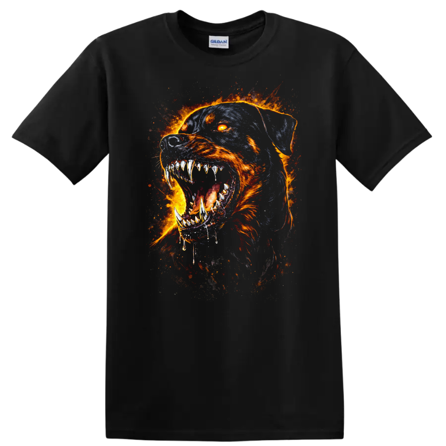 Fiery Rottweiler Dog Face T Shirt Flame Art Animal Graphic - Black