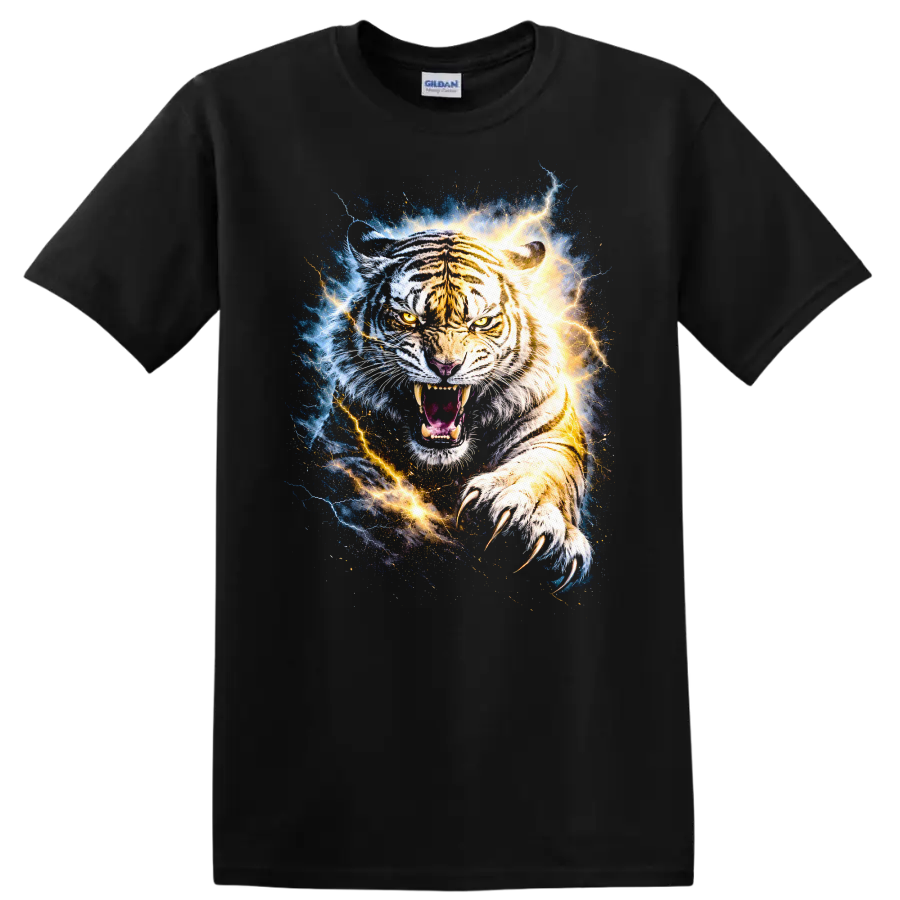 Fierce White Tiger Lightning Burst Graphic T Shirt Unisex Animal Art - Black