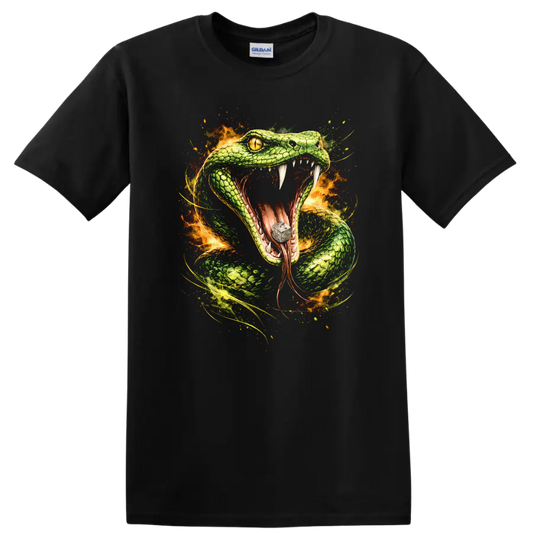 Viper Snake Fire Fantasy Animal Art T Shirt for Reptile Lovers - Black