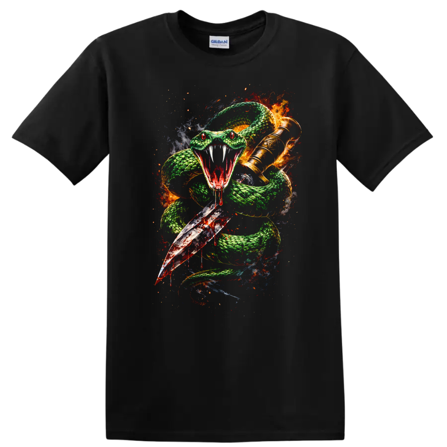 Fierce Snake and Sword Graphic T Shirt Green Fire Fantasy Animal - Black