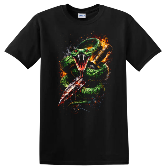 Fierce Snake and Sword Graphic T Shirt Green Fire Fantasy Animal - Black