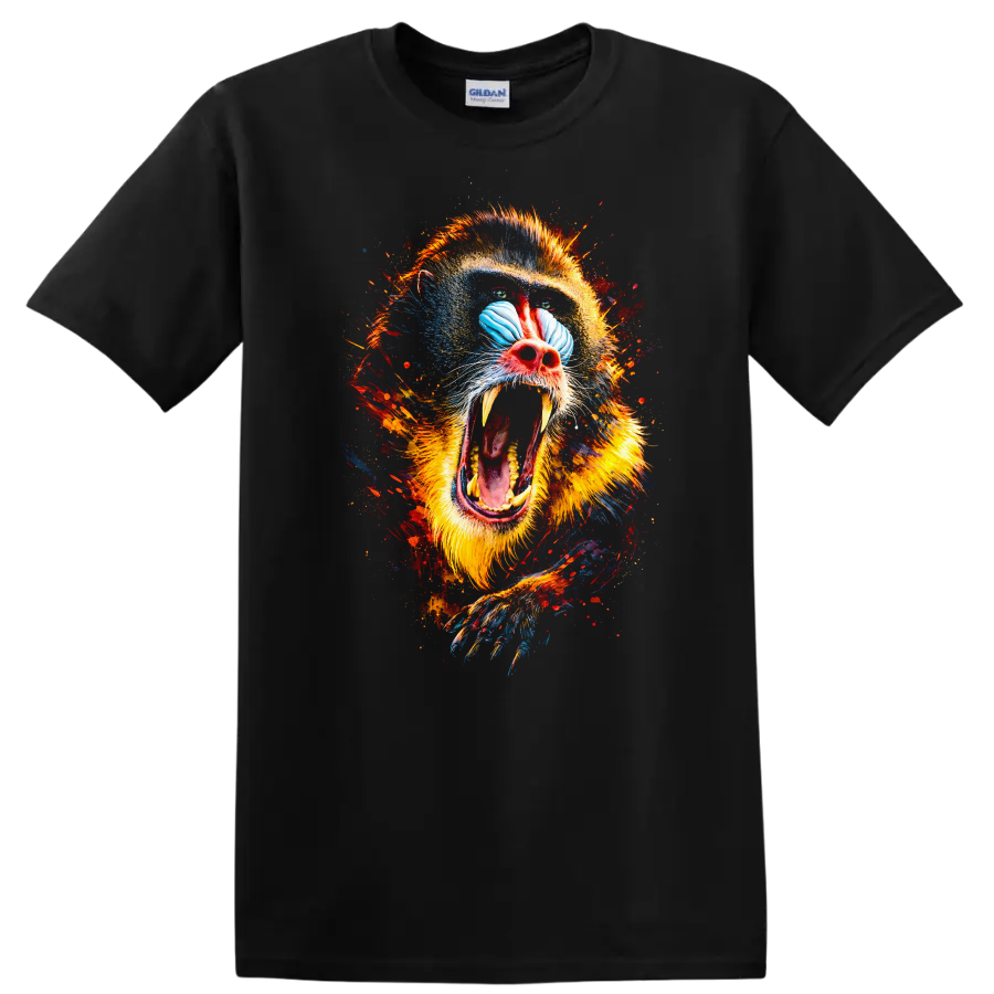 Colorful Mandrill Monkey Face Splash Art T Shirt For Animal Lovers - Black