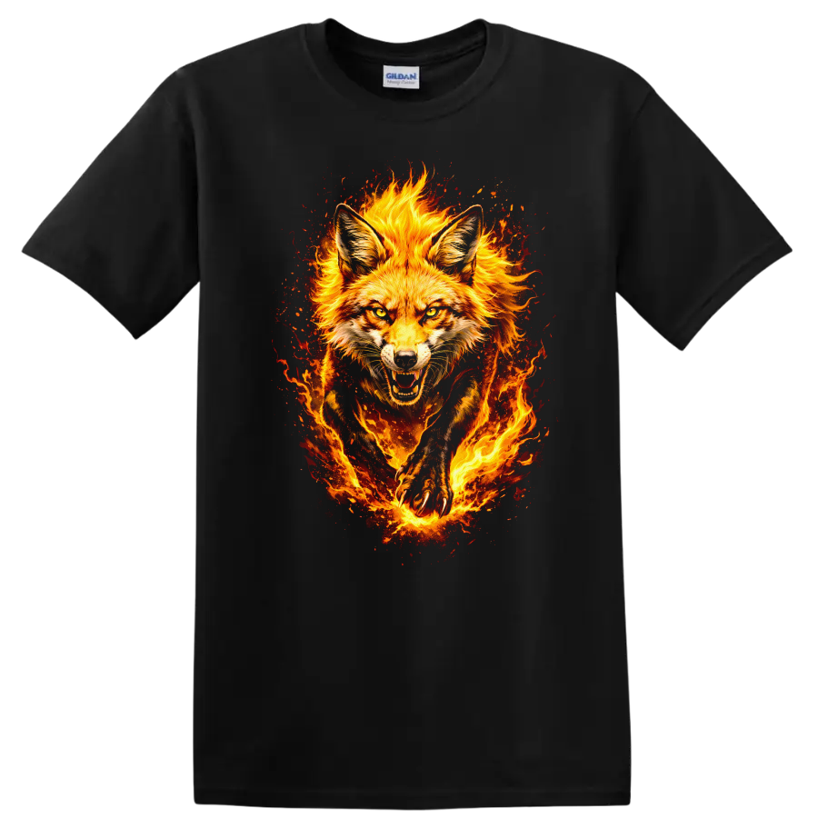 Fiery Fox Animal Art T Shirt Burning Wild Fox Portrait Graphic - Black