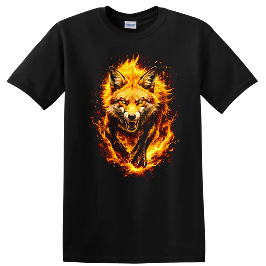 Fiery Fox Animal Art T Shirt Burning Wild Fox Portrait Graphic - Black