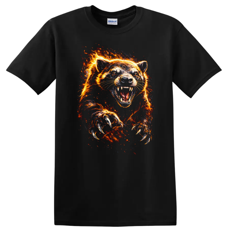 Fire Wolf Bear Roaring Flames Animals Graphic T Shirt - Black