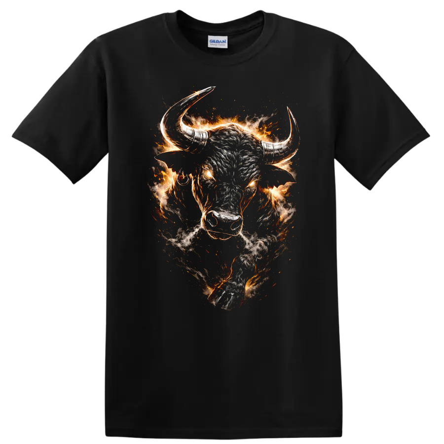 Flaming Bull Head Graphic T Shirt Fierce Western Animal Design - Black