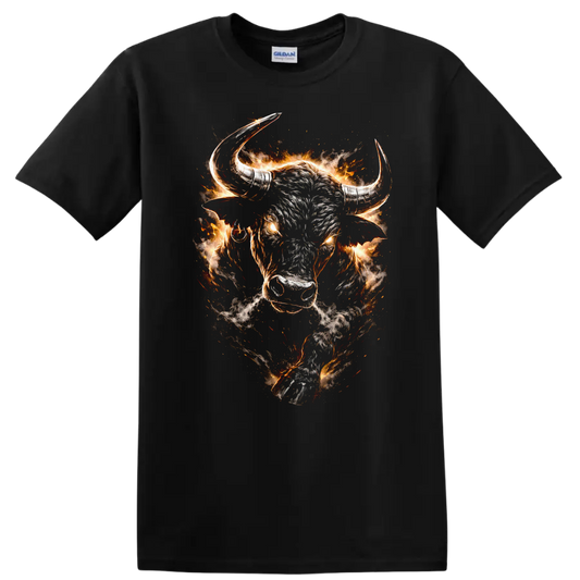 Flaming Bull Head Graphic T Shirt Fierce Western Animal Design - Black