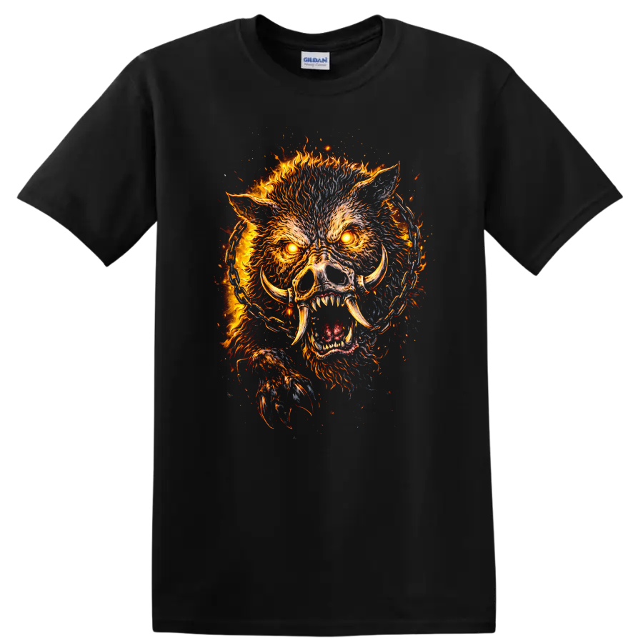 Fiery Boar Skull Animals Graphic T Shirt for Bold Streetwear - Black