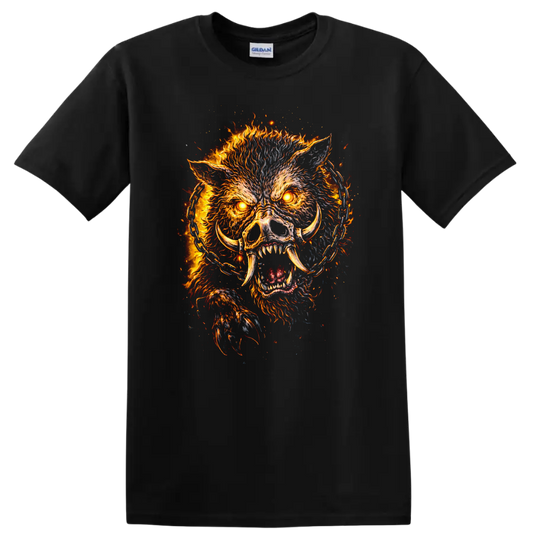 Fiery Boar Skull Animals Graphic T Shirt for Bold Streetwear - Black