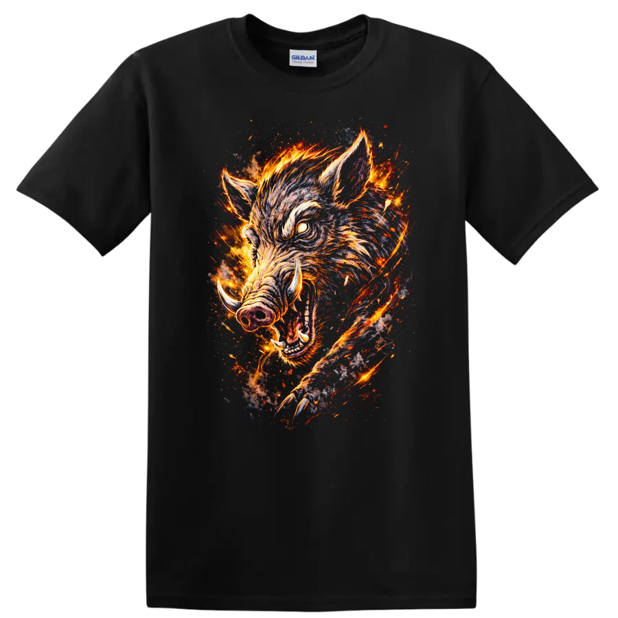 Fiery Wild Boar Graphic T Shirt Burning Animal Wildlife Art - Black