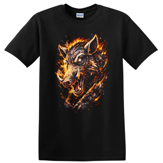 Fiery Wild Boar Graphic T Shirt Burning Animal Wildlife Art - Black