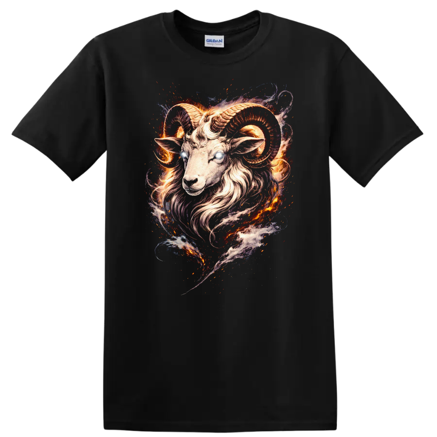 Fiery Ram Goat Head Fantasy Animal Art T Shirt for Bold Style - Black