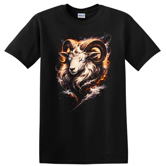 Fiery Ram Goat Head Fantasy Animal Art T Shirt for Bold Style - Black