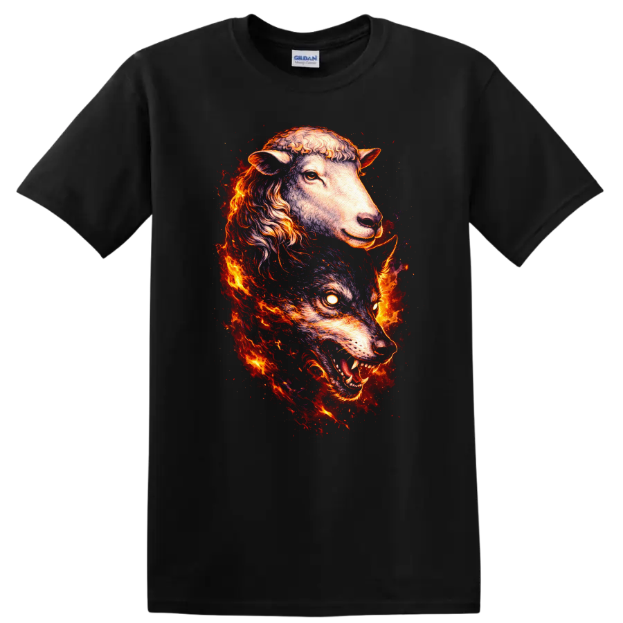 Fiery Sheep and Wolf Spirit Animal Duo T Shirt for Nature Lovers - Black