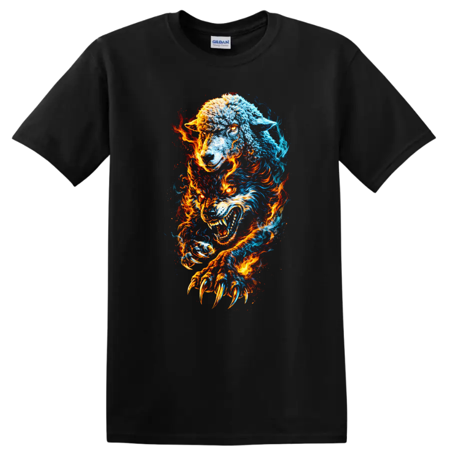 Fire and Ice Wolves Fury T Shirt for Bold Animal Lovers - Black