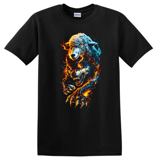 Fire and Ice Wolves Fury T Shirt for Bold Animal Lovers - Black