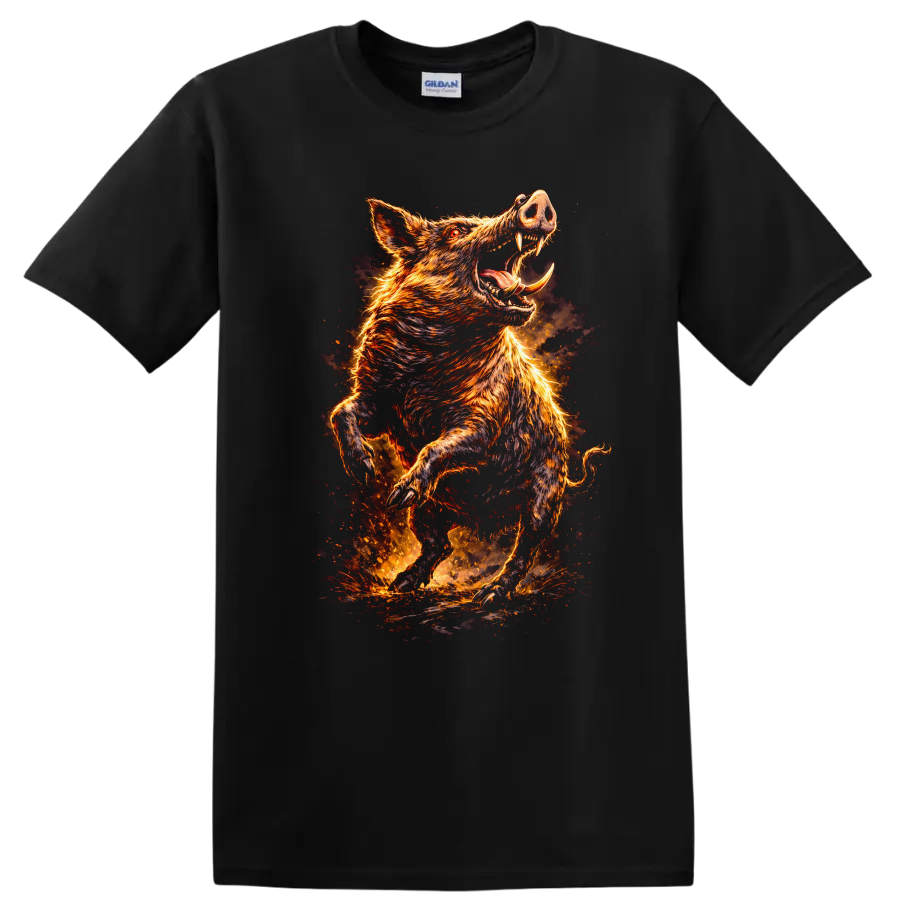 Fiery Wild Boar Attack Graphic T Shirt for Animal Lovers - Black
