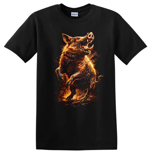 Fiery Wild Boar Attack Graphic T Shirt for Animal Lovers - Black