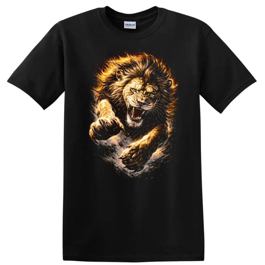 Roaring Lion Fire Mane Wildlife Art T Shirt For Animal Lovers - Black