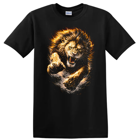 Roaring Lion Fire Mane Wildlife Art T Shirt For Animal Lovers - Black