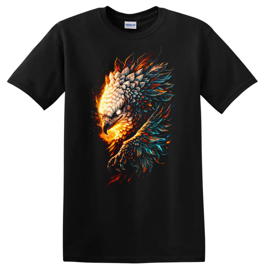 Fiery Phoenix Eagle Feather Burst Animal Art T Shirt - Black