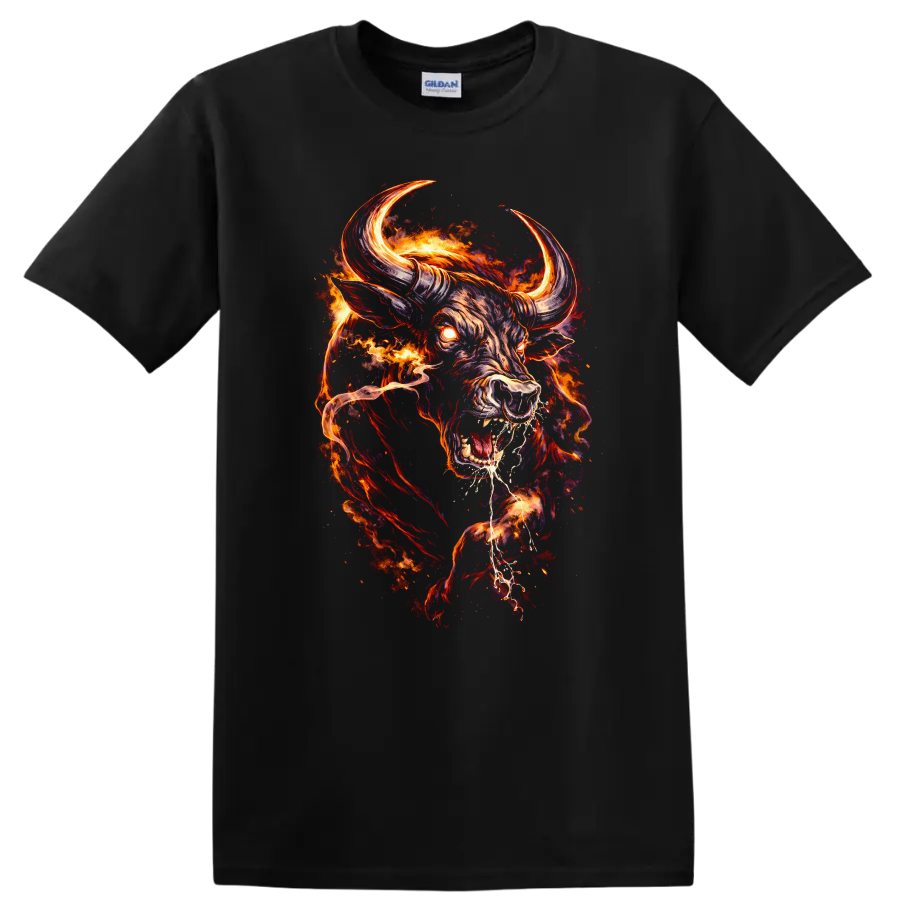 Flaming Bull Head Fire Fury Graphic T Shirt for Bold Animal Art Fans - Black