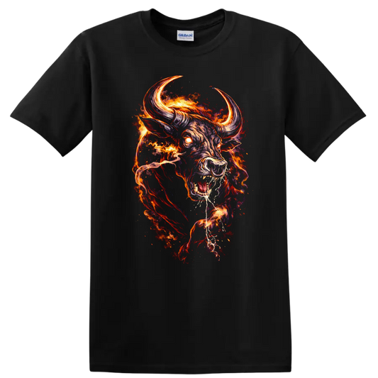 Flaming Bull Head Fire Fury Graphic T Shirt for Bold Animal Art Fans - Black