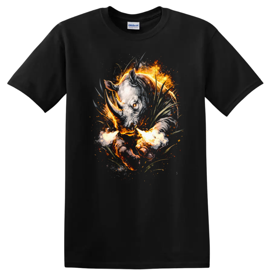 Fiery Rhino Head Animal Art T Shirt Wild Burning Beast Graphic - Black