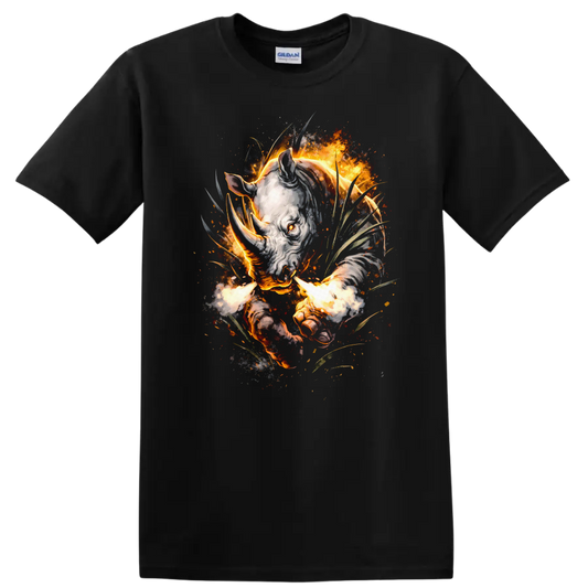 Fiery Rhino Head Animal Art T Shirt Wild Burning Beast Graphic - Black
