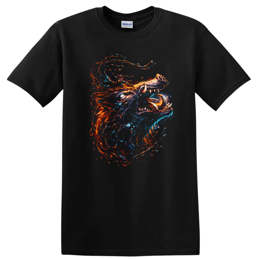 Abstract Neon Wolf Head T Shirt Fierce Fire and Ice Animal Art - Black